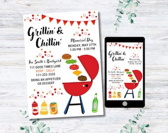 Grillin and Chillin Invitation, Editable BBQ Invitation Template, Digital Invitation Template, Printable Invitation, Summer BBQ