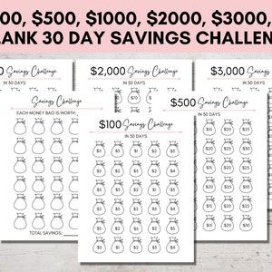 May include: Printable black and white savings challenge tracker sheets with a money bag design. The sheets are labeled with different savings goals: $100, $500, $1,000, $2,000, and $3,000. Each sheet has a section for tracking savings over 30 days.