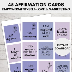Tarjetas de afirmación positiva imprimibles, 45 tarjetas de afirmación positiva, impresiones de manifestación de amor propio, cubierta de citas de cuidado personal para aliviar la ansiedad