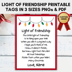 Etiqueta de tarjeta Light of Friendship en 3 tamaños, etiquetas navideñas, poema de tarjeta imprimible para adornos de amistad, PEDIDO PERSONALIZADO
