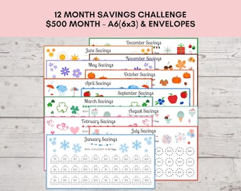 Monthly Savings Challenge Printable, 500 Savings Challenge, A6 Mini Savings Challenge 6x3, 12 Months Savings Challenge, Cash Envelopes