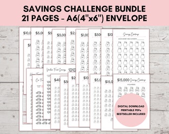 Savings Challenge Printable, Savings Challenge Bundle, 100 Envelope Challenge Binder, A6 Sized Mini Savings Challenge Trackers, Set of 21