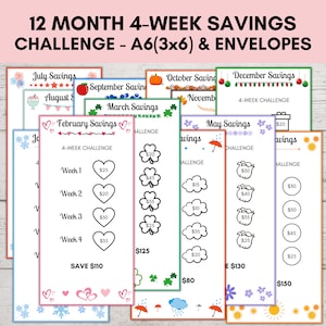 Monthly Savings Challenge, Low Income Savings Challenge Printable, Savings Challenge Printable, A6 Savings Challenge Printable