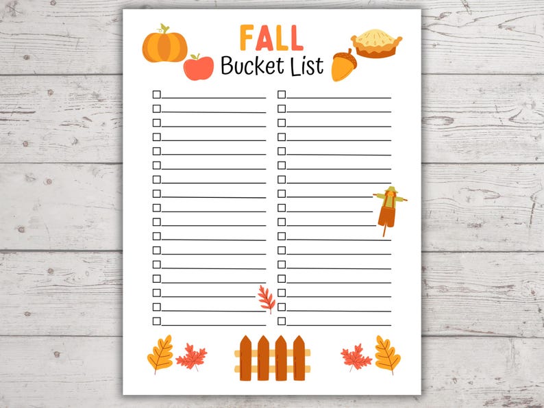 Puede incluir: Lista de deseos de oto&ntilde;o imprimible con fondo blanco e ilustraciones de calabazas, manzanas, un pastel, una bellota, un espantap&aacute;jaros y una cerca. El texto "FALL Bucket List" est&aacute; en la parte superior de la p&aacute;gina.