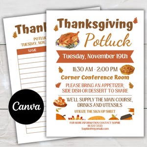May include: A printable Thanksgiving potluck sign-up sheet with a brown and orange colour scheme. The sign-up sheet includes a turkey, pie, and autumn leaves. The text reads "Thanksgiving Potluck" and "Tuesday, November 19th".