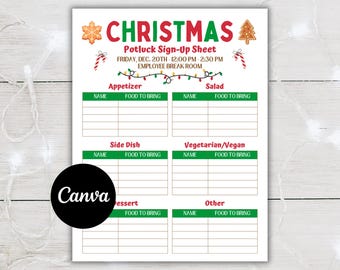 Könnte beinhalten: Ein druckbares Anmeldeformular für ein Weihnachts-Potluck mit grünen und roten Rändern. Das Formular ist in Abschnitte für Vorspeisen, Salate, Beilagen, vegetarische/vegane Gerichte, Desserts und Sonstiges unterteilt. Jeder Abschnitt hat Spalten für Namen und Speisen zum Mitbringen.