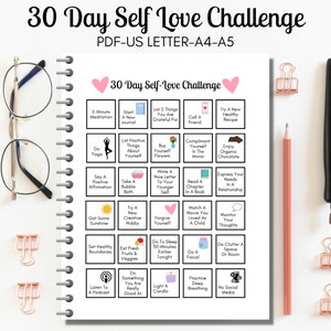 Reto de amor propio de 30 días PDF imprimible, Reto de amor propio Horario de 30 días, Reto de cuidado personal, Amor propio diario, CARTA DE EE. UU., A4, A5