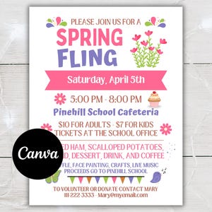 Puede incluir: Un folleto rosa y morado con un diseño floral y el texto "Spring Fling" anuncia un evento escolar el sábado 5 de abril de 5:00 PM a 8:00 PM en la cafetería de la escuela Pinehill. El folleto incluye detalles sobre el evento, incluidos los precios de las entradas y la información de contacto para ser voluntario o donar.