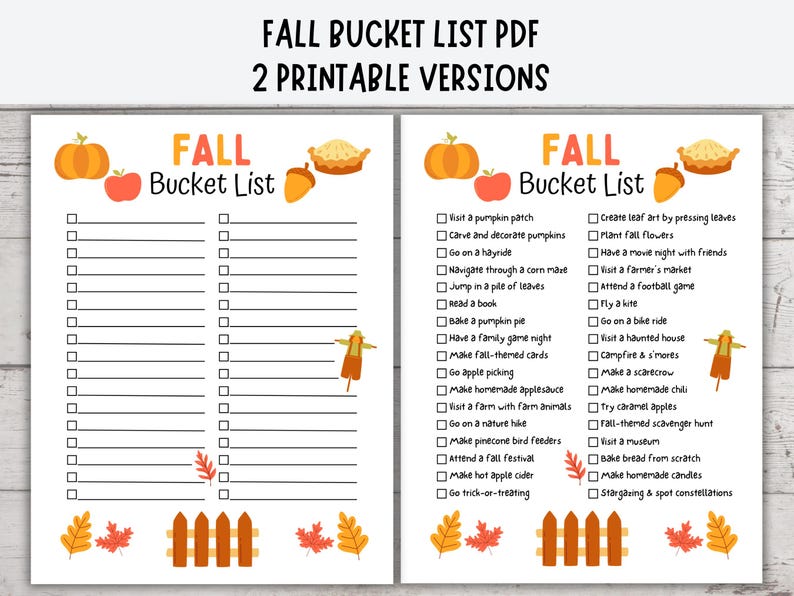 Puede incluir: Lista de deseos de oto&ntilde;o imprimible con dos columnas de actividades para hacer en oto&ntilde;o. La lista incluye actividades como visitar un huerto de calabazas, dar un paseo en un carro de heno, asistir a un festival de oto&ntilde;o y hacer compota de manzana casera. La lista est&aacute; decorada con ilustraciones de tem&aacute;tica oto&ntilde;al como calabazas, hojas y un espantap&aacute;jaros.