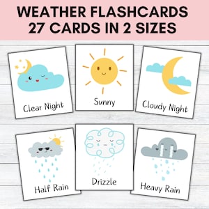 Flashcards de clima, flashcards Montessori, cartões pré-escolares, cartões educacionais para impressão de clima e estações, cartões flash de estações