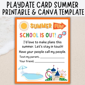 Tarjetas imprimibles para citas de juegos, tarjetas de contacto de verano editables, tarjetas de fin de curso, tarjetas de llamada para citas de juegos, tarjetas de contacto de diversión de verano para niños, citas para jugar