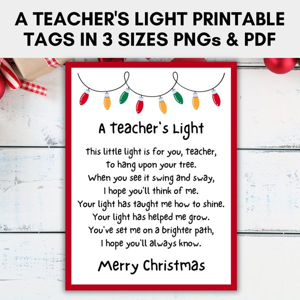 A Teacher's Light Card/Tag in 3 sizes, Christmas Tags, Printable Card Poem for Teachers Ornaments, Instant Download