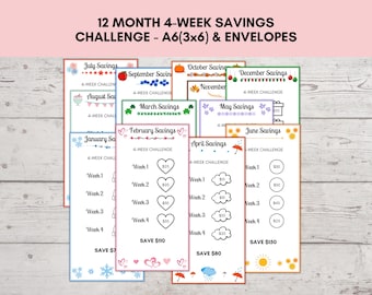 Monthly Savings Challenge, Low Income Savings Challenge Printable, Savings Challenge Printable, A6 Savings Challenge Printable