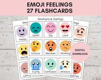 Emotions Flashcards, Emoji Feelings Chart, Flashcard Printable, Montessori Materials, Feelings Poster, Calming Corner, 27 Emoji Feelings