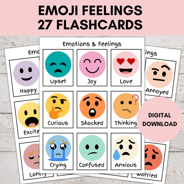 Emotions Flashcards, Emoji Feelings Chart, Flashcard Printable, Montessori Materials, Feelings Poster, Calming Corner, 27 Emoji Feelings