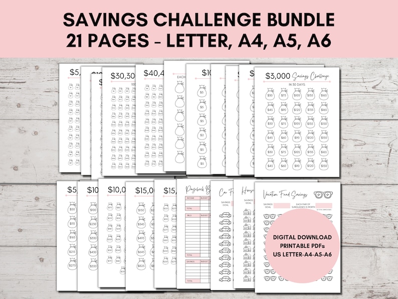 May include: A set of 21 printable pages for a savings challenge. The pages feature a variety of designs, including money bags, cars, and houses. The pages are designed to help people save money for different goals, such as a vacation, a car, or a house. The pages are available in US Letter, A4, A5, and A6 sizes.