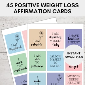 Tarjetas de afirmación para bajar de peso, Tarjetas de afirmación de fitness imprimibles, Afirmaciones para una imagen corporal positiva, 45 Afirmaciones positivas