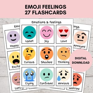 Emotions Flashcards, Emoji Feelings Chart, Flashcard Printable, Montessori Materials, Feelings Poster, Calming Corner, 27 Emoji Feelings