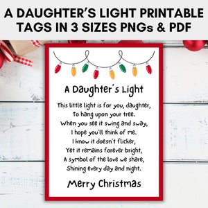 Een lichtkaartje voor een dochter in 3 maten, kerstkaartjes, afdrukbaar kaartgedicht voor dochters ornamenten, direct downloaden
