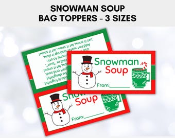 Adorno para bolsa de sopa de muñeco de nieve, adorno para bolsa de dulces navideños, etiqueta de regalo navideña imprimible, etiqueta de regalo escolar para niños de invierno, sopa de muñeco de nieve imprimible