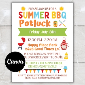 Op de afbeelding: Een kleurrijke uitnodiging voor een zomerse BBQ potluck. Het ontwerp bevat tekst in verschillende kleuren, waaronder "SUMMER BBQ Potluck" en evenementdetails. Bevat illustraties van een grill, schort en ijsje.