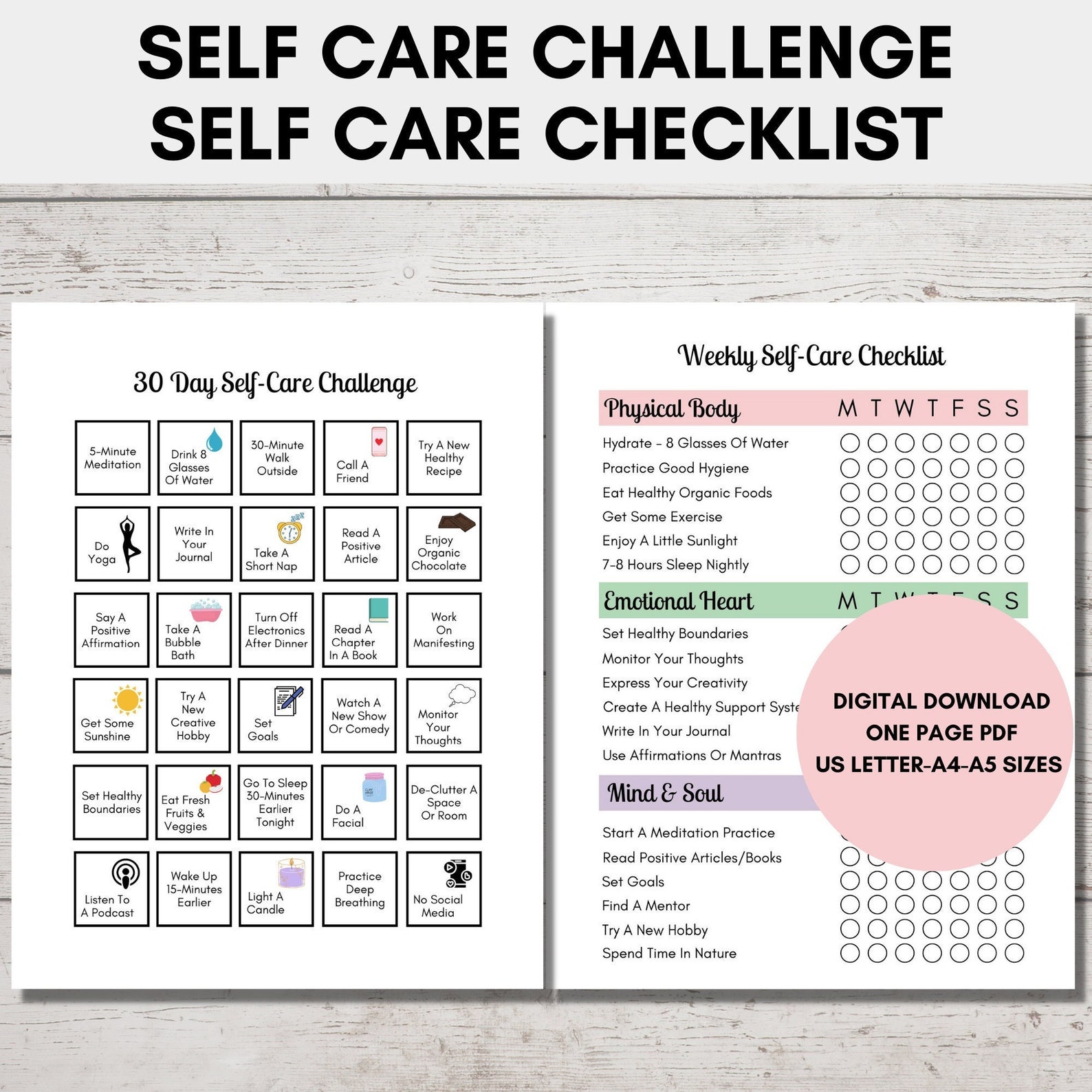 Self Care Challenge 30 Day Printable PDF, Weekly Self Care Checklist ...