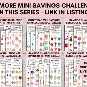 May include: A collection of mini savings challenge bundles, each with 12 sheets, featuring various themes like retro, Christmas, and more. The A6 size sheets (3x6 inches) have illustrations and text for tracking savings goals.