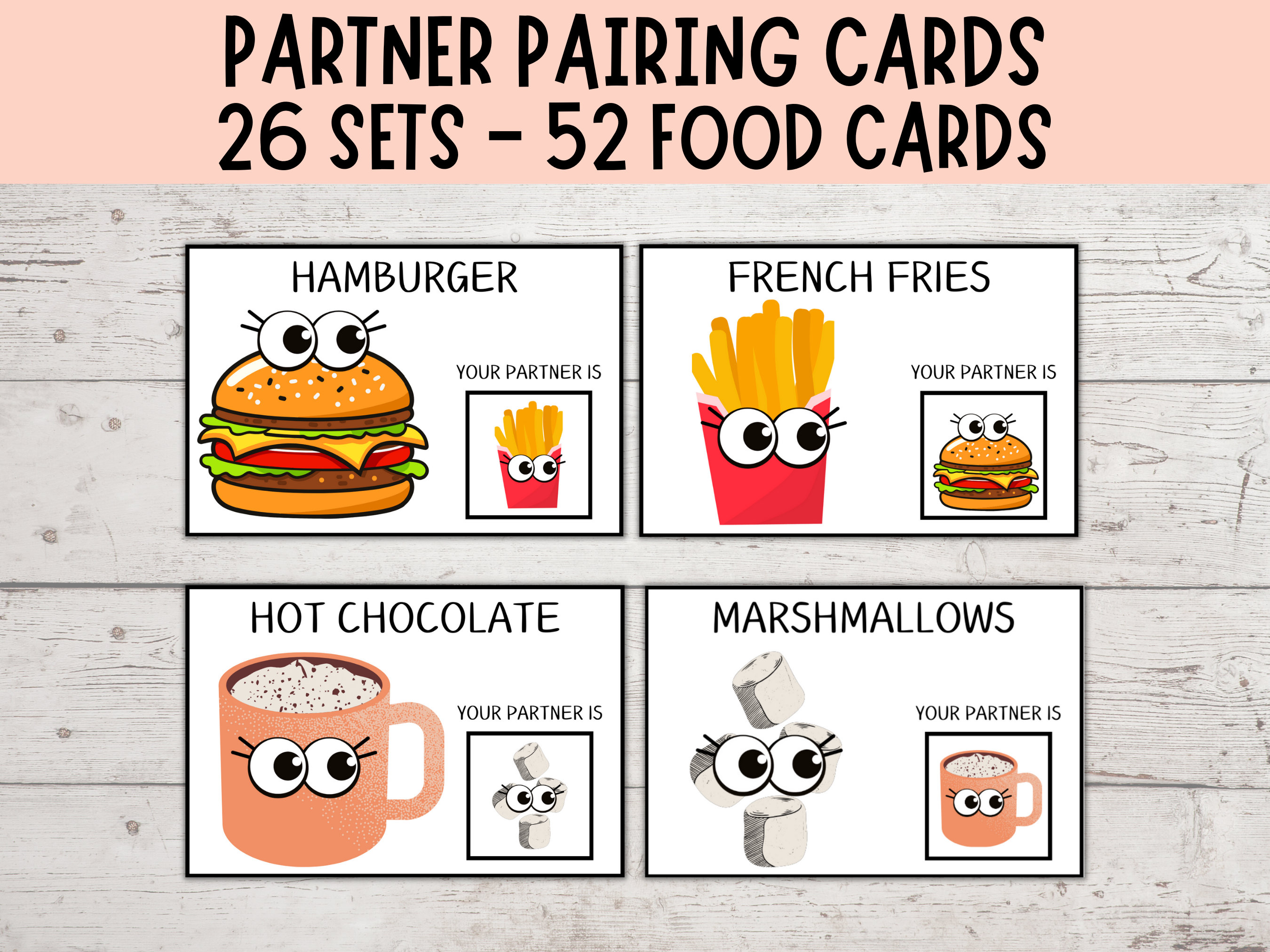 Partner Pairing Cards, Classroom Management, Pairing Cards, Peanut Butter and Jelly Partner Pairing, FUN FOODS