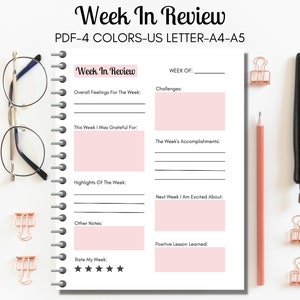 Wöchentliche Check-in-Journalseite, druckbare PDF-Datei, Positivität & Dankbarkeitstagebuch, Selbstfürsorge, psychische Gesundheit, US Letter, A4, A5 PDF, Sofort-Download