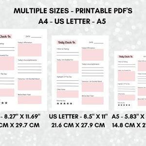 Puede incluir: Planificador diario imprimible en tres tama&ntilde;os: A4 (8,27" x 11,69", 21 cm x 29,7 cm), US Letter (8,5" x 11", 21,6 cm x 27,9 cm) y A5 (5,83" x 8,27", 14,8 cm x 21 cm). El planificador incluye secciones para "Me despert&eacute; sintiendo", "Hoy estoy agradecido por", "Logros de hoy", "Lo m&aacute;s destacado del d&iacute;a", "Ma&ntilde;ana estoy emocionado por", "Otras notas" y "Califica mi d&iacute;a".
