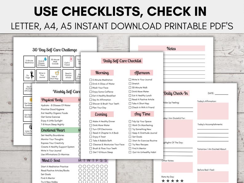 Self Care Checklist Printable Bundle, 11-pack, Self Reflection, Self ...