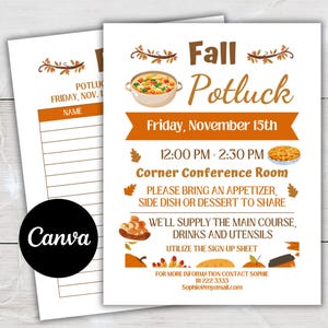 May include: A printable sign for a Fall Potluck, featuring a brown ribbon with the text "Fall Potluck" in white. The sign includes details about the event, such as the date, time, location, and what to bring. The sign also includes a sign-up sheet for attendees to indicate what they will be bringing.