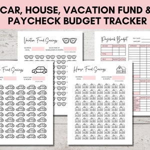 May include: A printable budget tracker with four sections: Car Fund Savings, House Fund Savings, Vacation Fund Savings, and Paycheck Budget. Each section has a savings goal and a visual representation of progress with icons of cars, houses, sunglasses, and dollar bills.