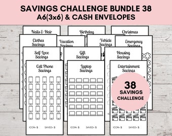 Savings Challenge Printable A6, Savings Challenge Bundle, A6 Savings Challenge, Monthly Money Savings Tracker, 38 Cash Budget Challenges