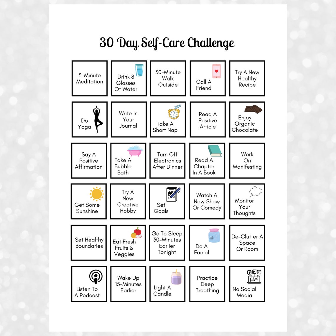 Self Care Challenge 30 Day Printable PDF Self Care Checklist Etsy