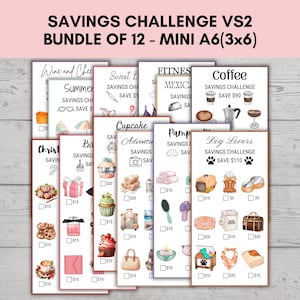 May include: A bundle of 12 mini A6 (3x6 inches) savings challenge sheets. Each sheet features a different theme, including coffee, dog lovers, and cupcakes, with illustrations and checkboxes for tracking savings goals.