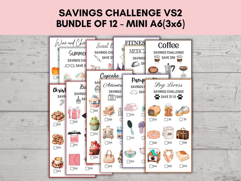 May include: A bundle of 12 mini A6 (3x6 inches) savings challenge sheets. Each sheet features a different theme, including coffee, dog lovers, and cupcakes, with illustrations and checkboxes for tracking savings goals.