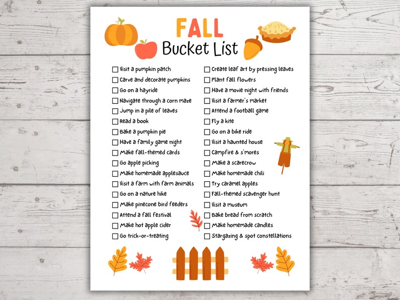 Puede incluir: Una lista de deseos de oto&ntilde;o para imprimir con una lista de verificaci&oacute;n de actividades para hacer en oto&ntilde;o, como visitar un huerto de calabazas, dar un paseo en un carro de heno y asistir a un partido de f&uacute;tbol. La lista est&aacute; decorada con ilustraciones de tem&aacute;tica oto&ntilde;al, que incluyen calabazas, hojas y un espantap&aacute;jaros.