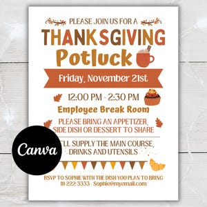 Może przedstawiać: Zaproszenie na Thanksgiving Potluck z brązowym i pomarańczowym tekstem na białym tle. Zaproszenie zawiera datę, godzinę i miejsce, a także prośbę o przyniesienie dania do podzielenia się. Logo Canva znajduje się w lewym dolnym rogu.
