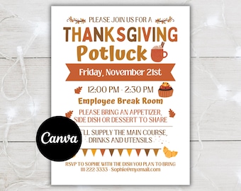 Thanksgiving Potluck Flyer Invitation, Fall Potluck Flyer Template, Thanksgiving Office Party Luncheon, Autumn Luncheon, Canva Template