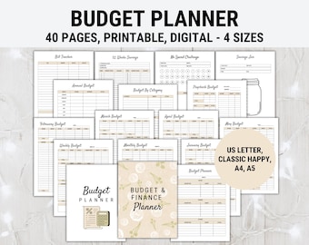 May include: A printable budget planner with 40 pages in four sizes: US Letter, Classic Happy, A4, and A5. The planner includes pages for tracking bills, savings, a no-spend challenge, and monthly budgets. The cover features a floral design with the text "Budget & Finance Planner".