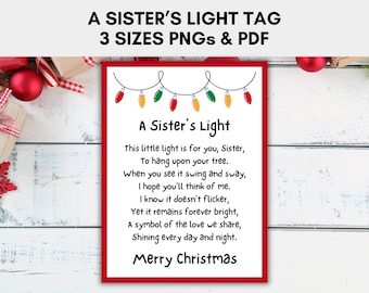 A Sister&#39;s Light Card Tag in 3 sizes, Christmas Tags, Printable Card Poem for Sisters Ornaments, Instant Download