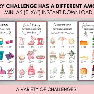 May include: Four colorful printable savings challenges, each with a different theme: fitness, sweet bakery, summertime, and wine and cheese. Each challenge has a different amount to save, with a mini A6 size (3"x6") for instant download.