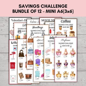 Può includere: Un pacchetto di 12 mini schede sfida di risparmio A6 (circa 7,5 x 15 cm). Ogni scheda presenta un tema diverso, tra cui San Valentino, borse, caffè e profumo, con illustrazioni e obiettivi di risparmio.