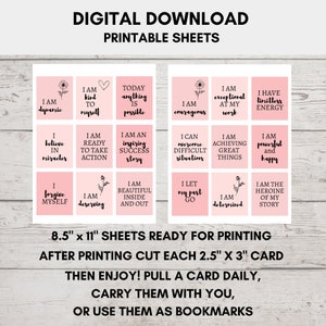 May include: Printable affirmation cards with pink background and black text. The cards feature positive affirmations such as "I am dynamic", "I am kind to myself", "I believe in miracles", "I am ready to take action", "I am an inspiring success story", "I am beautiful inside and out", "I am courageous", "I can overcome difficult situations", "I am achieving great things", "I am powerful and happy", "I forgive myself", "I am deserving", "I let my past go", "I am determined", "I am the heroine of my story", and "I have limitless energy". The cards are 2.5 inches by 3 inches and are ready to be printed on 8.5 inch by 11 inch sheets.