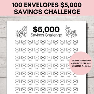 5000 Savings Challenge Printable, 5,000 Savings Challenge, 100 Envelope Savings Challenge | 5K Savings Challenge US Letter, A4, A5, A6