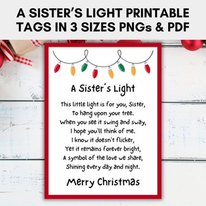 Schwester Licht Karte Anhänger in 3 Größen, Weihnachtsanhänger, Printable Karte Gedicht für Schwestern Ornamente, Instant Download