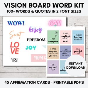 Mots Vision Board 2025/2024, imprimables Vision Board, + de 100 mots et citations Vision Board, 45 cartes d'affirmations positives, imprimables