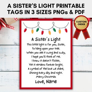 Schwester Licht Karte Anhänger in 3 Größen, Weihnachts Tags, bedruckbare Karte Gedicht für Schwestern, CUSTOM ORDER