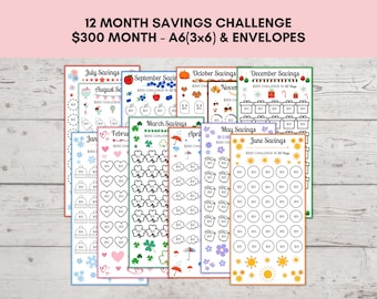 Maandelijkse spaaruitdaging, trackers, afdrukbare spaaruitdaging, A6 mini-spaaruitdaging 3 x 6, 12 maanden spaaruitdaging, geldenveloppen